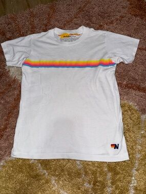 Aviator Nation Kids White Tee with Rainbow Chest Stripe